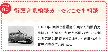 街頭育児相談カーでどこでも相談 1937年、医師と看護師を乗せた街頭育児相談カーが東京・大阪を巡回。育児のお悩みを気軽に相談できるよう、空き地などで育児相談を行いました。