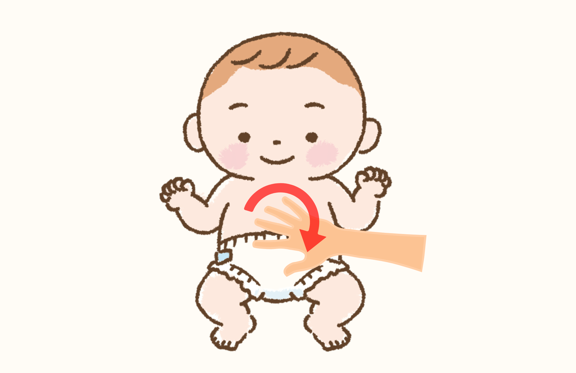 赤ちゃんのお腹を手のひらで右回しにマッサージしているイラスト