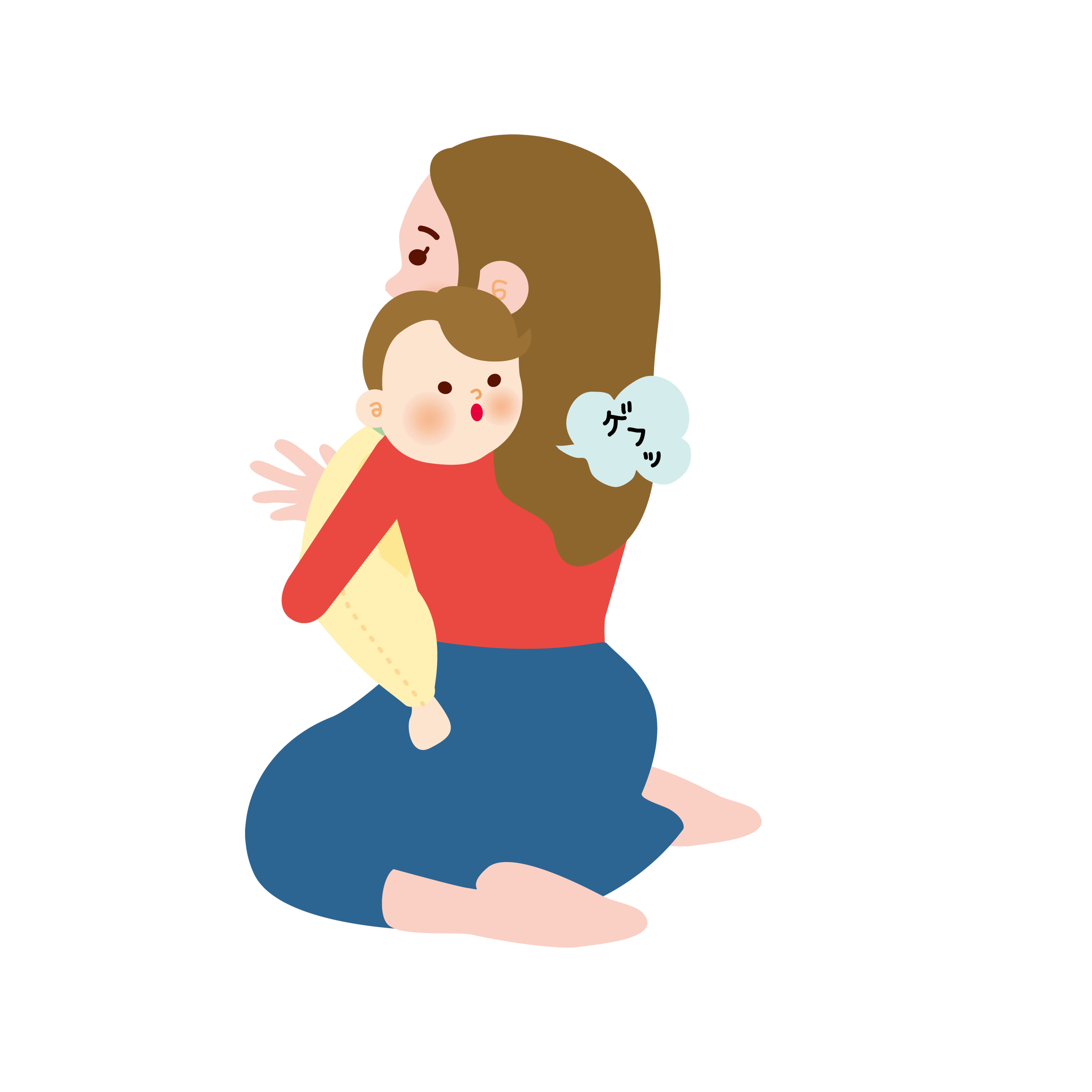 縦抱きで赤ちゃんのあごを肩に乗せ、背中をさすってげっぷを出させているイラスト